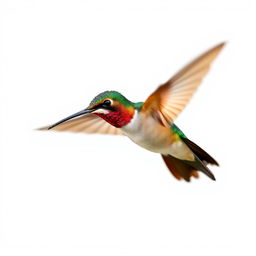 A Chestnut-breasted Coronet hummingbird dynamically captured in mid-flight against a pristine white background