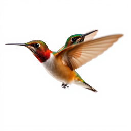 A Chestnut-breasted Coronet hummingbird dynamically captured in mid-flight against a pristine white background