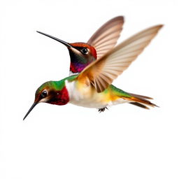 A Chestnut-breasted Coronet hummingbird dynamically captured in mid-flight against a pristine white background