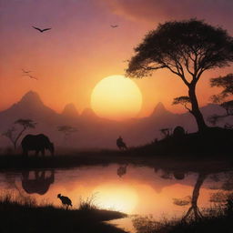 Capture the serenity and beauty of a fantasy landscape under a sunset, with silhouettes of exotic creatures roaming the plains.