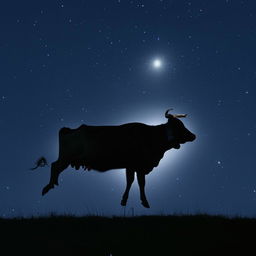 A playful cow, in mid-leap, silhouetted against a full and brightly-lit moon in a starlit night sky.