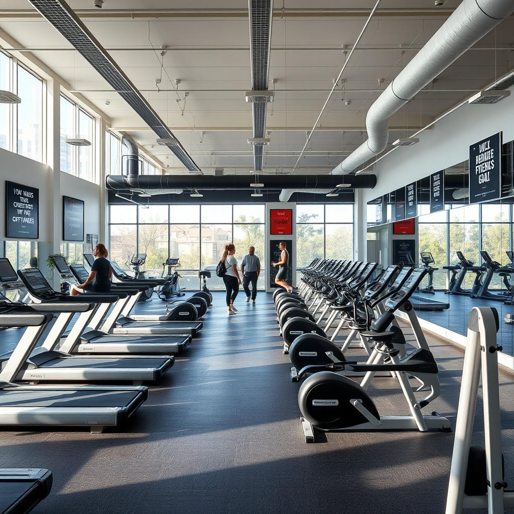 A spacious gym interior filled with a wide variety of exercise machines, including treadmills, ellipticals, and weightlifting equipment