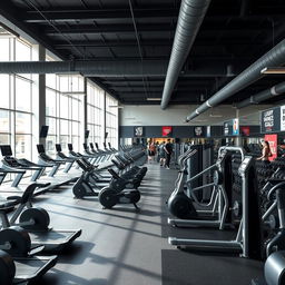 A spacious gym interior filled with a wide variety of exercise machines, including treadmills, ellipticals, and weightlifting equipment