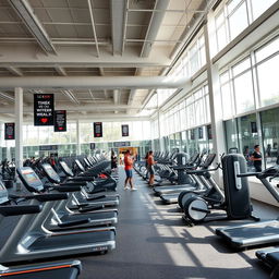 A spacious gym interior filled with a wide variety of exercise machines, including treadmills, ellipticals, and weightlifting equipment