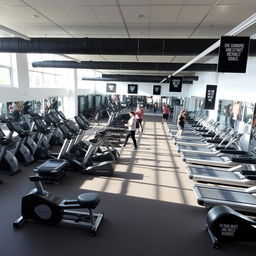 A spacious gym interior filled with a wide variety of exercise machines, including treadmills, ellipticals, and weightlifting equipment