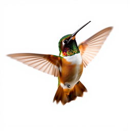 Chestnut-breasted Coronet hummingbird elegantly captured in mid-air, isolated against a brilliant white background