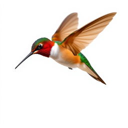 Chestnut-breasted Coronet hummingbird elegantly captured in mid-air, isolated against a brilliant white background