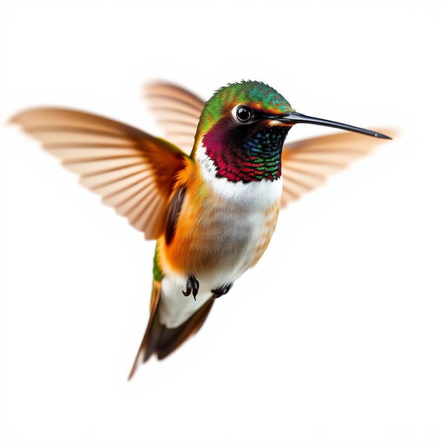 Chestnut-breasted Coronet hummingbird elegantly captured in mid-air, isolated against a brilliant white background