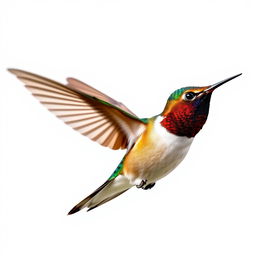 Chestnut-breasted Coronet hummingbird elegantly captured in mid-air, isolated against a brilliant white background