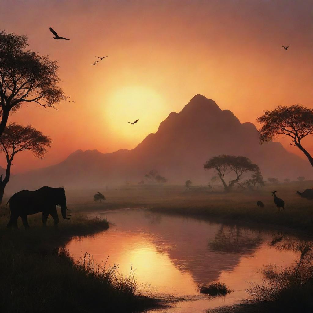 Capture the serenity and beauty of a fantasy landscape under a sunset, with silhouettes of exotic creatures roaming the plains.