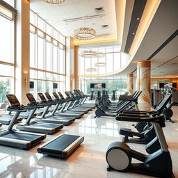 A spacious and luxurious gym interior boasting a wide array of top-of-the-line exercise machines, including state-of-the-art treadmills, ellipticals, and advanced weightlifting stations