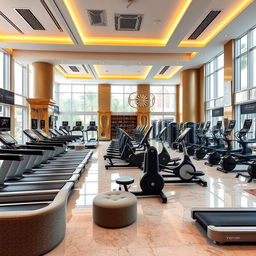 A spacious and luxurious gym interior boasting a wide array of top-of-the-line exercise machines, including state-of-the-art treadmills, ellipticals, and advanced weightlifting stations