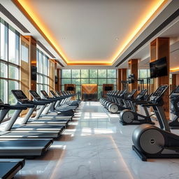 A spacious and luxurious gym interior boasting a wide array of top-of-the-line exercise machines, including state-of-the-art treadmills, ellipticals, and advanced weightlifting stations