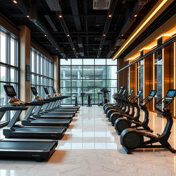 A spacious and luxurious gym interior boasting a wide array of top-of-the-line exercise machines, including state-of-the-art treadmills, ellipticals, and advanced weightlifting stations