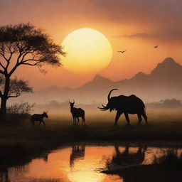 Capture the serenity and beauty of a fantasy landscape under a sunset, with silhouettes of exotic creatures roaming the plains.