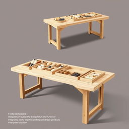 design of a foldable wooden exhibition table for a craft fair, perfect for displaying artisanal products