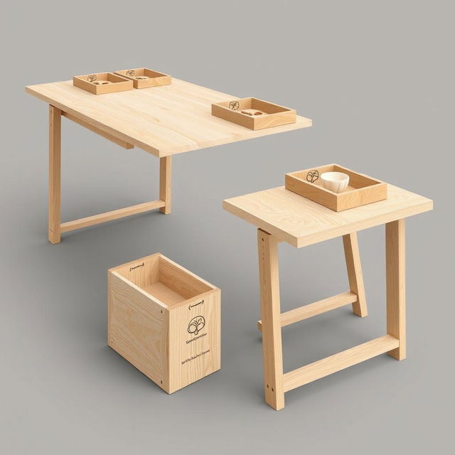 design of a foldable wooden exhibition table for a craft fair, perfect for displaying artisanal products