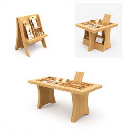 design of a foldable wooden exhibition table for a craft fair, perfect for displaying artisanal products