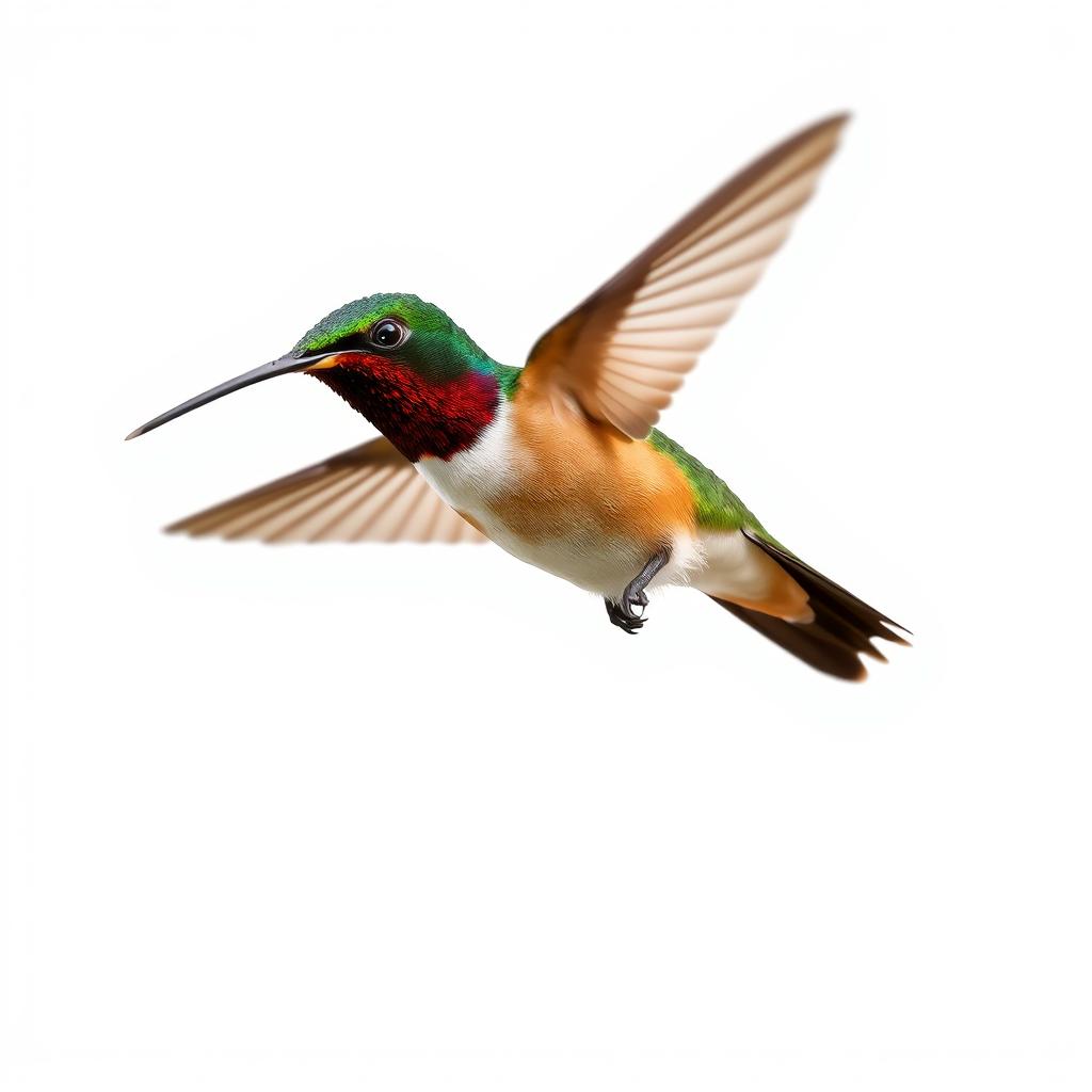 a Chestnut-breasted Coronet hummingbird in mid-flight, showcasing its vibrant colors with a clear isolated white background