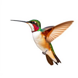 a Chestnut-breasted Coronet hummingbird in mid-flight, showcasing its vibrant colors with a clear isolated white background