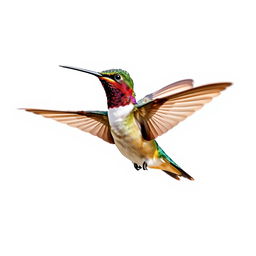 a Chestnut-breasted Coronet hummingbird in mid-flight, showcasing its vibrant colors with a clear isolated white background