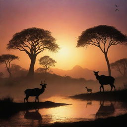 Capture the serenity and beauty of a fantasy landscape under a sunset, with silhouettes of exotic creatures roaming the plains.