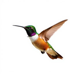 a Chestnut-breasted Coronet hummingbird in mid-flight, showcasing its vibrant colors with a clear isolated white background