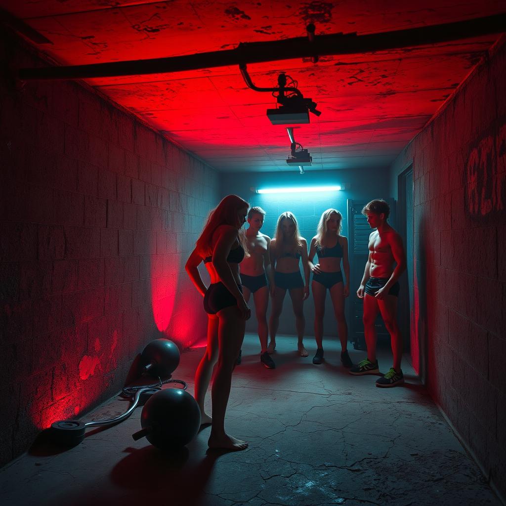 A dimly lit shanty basement filled with red ambient lighting creating an eerie atmosphere, with moldy walls and a cracked concrete floor