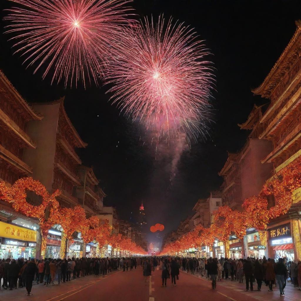 Una vibrante ciudad en plena celebración del Año Nuevo chino, con calles llenas de faroles rojos, fuegos artificiales llenando el cielo nocturno y la danza del dragón atravesando las calles en un espectáculo de color.