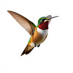 a Chestnut-breasted Coronet hummingbird in mid-flight, showcasing its vibrant colors with a clear isolated white background