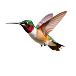 a Chestnut-breasted Coronet hummingbird in mid-flight, showcasing its vibrant colors with a clear isolated white background