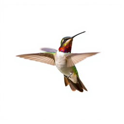 a Chestnut-breasted Coronet hummingbird in mid-flight, showcasing its vibrant colors with a clear isolated white background