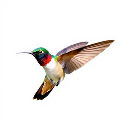 a Chestnut-breasted Coronet hummingbird in mid-flight, showcasing its vibrant colors with a clear isolated white background