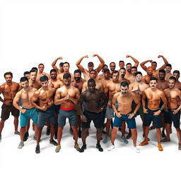 A large group of athletic individuals showcasing their defined, shredded abs in a dynamic and energetic setting