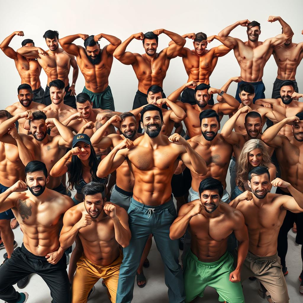 A large group of athletic individuals showcasing their defined, shredded abs in a dynamic and energetic setting