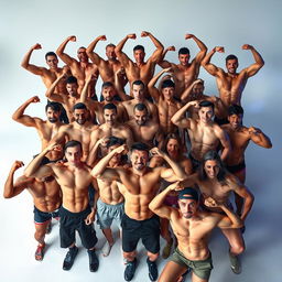 A large group of athletic individuals showcasing their defined, shredded abs in a dynamic and energetic setting