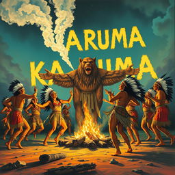 A vibrant scene depicting Native Americans dancing joyously around a campfire, with smoke signals forming the word 'KARUMA' in the sky