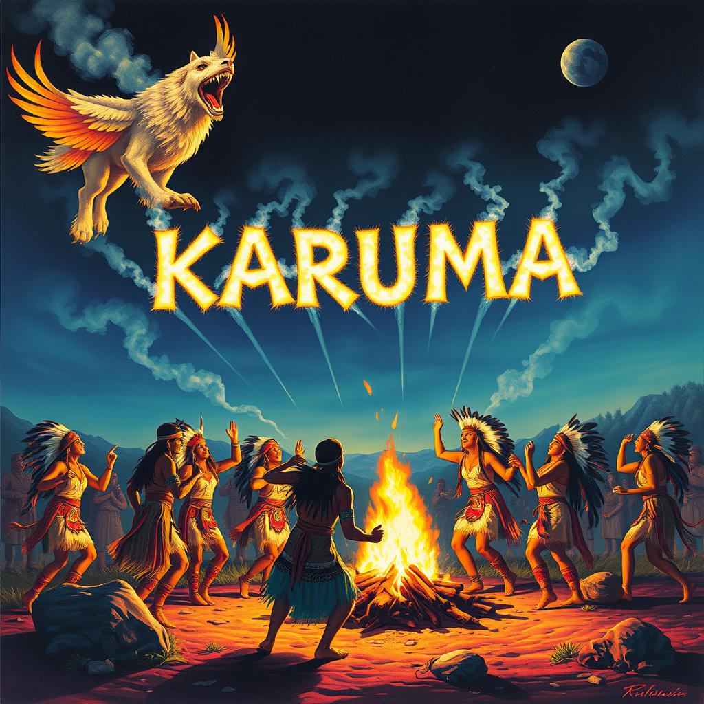 A vibrant scene depicting Native Americans dancing joyously around a campfire, with smoke signals forming the word 'KARUMA' in the sky