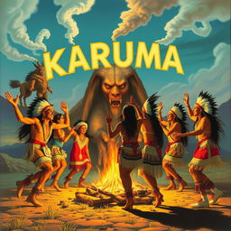 A vibrant scene depicting Native Americans dancing joyously around a campfire, with smoke signals forming the word 'KARUMA' in the sky