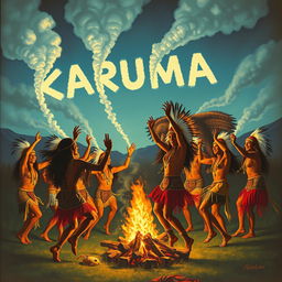 A vibrant scene depicting Native Americans dancing joyously around a campfire, with smoke signals forming the word 'KARUMA' in the sky