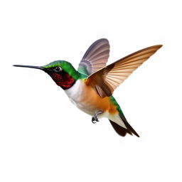 a Chestnut-breasted Coronet hummingbird in mid-flight, showcasing its vibrant colors with a clear isolated white background