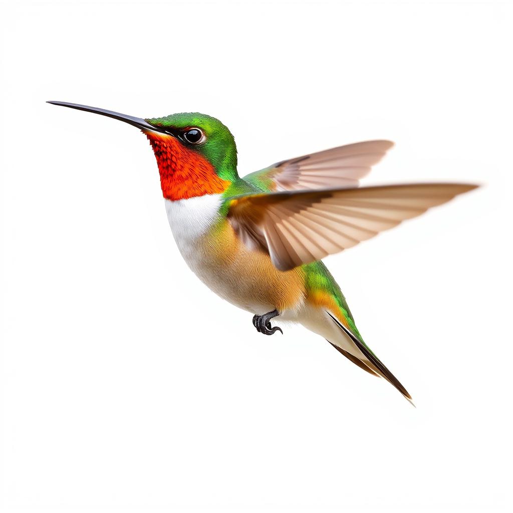 a Chestnut-breasted Coronet hummingbird in mid-flight, showcasing its vibrant colors with a clear isolated white background