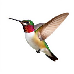 a Chestnut-breasted Coronet hummingbird in mid-flight, showcasing its vibrant colors with a clear isolated white background