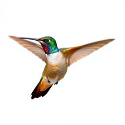 a Chestnut-breasted Coronet hummingbird in mid-flight, showcasing its vibrant colors with a clear isolated white background