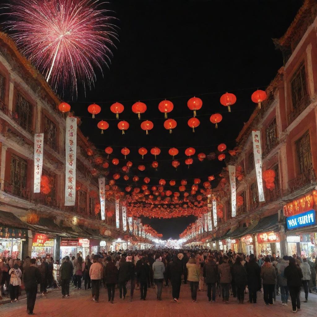 Una vibrante ciudad en plena celebración del Año Nuevo chino, con calles llenas de faroles rojos, fuegos artificiales llenando el cielo nocturno y la danza del dragón atravesando las calles en un espectáculo de color.