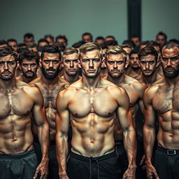 A large group of athletic individuals with shredded abs, each displaying a somber or sad expression, gathered in a setting that contrasts with their physical prowess