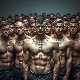 A large group of athletic individuals with shredded abs, each displaying a somber or sad expression, gathered in a setting that contrasts with their physical prowess