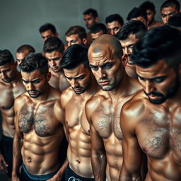 A large group of athletic individuals with shredded abs, each displaying a somber or sad expression, gathered in a setting that contrasts with their physical prowess