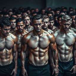 A large group of athletic individuals with shredded abs, each displaying a somber or sad expression, gathered in a setting that contrasts with their physical prowess