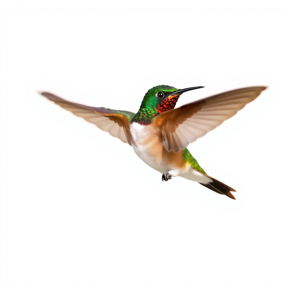 a Chestnut-breasted Coronet hummingbird in mid-flight, showcasing its vibrant colors with a clear isolated white background